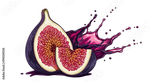 Juicy fig cut in half with purple liquid splashing out, showcasing its vibrant pink interior and seeds on a clean surface.