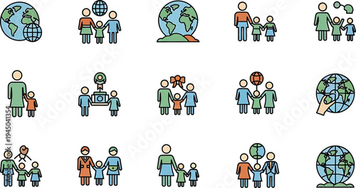 Global family unity icon set featuring world, globe connection, cultural diversity, international support and care symbols minimal modern vector UI design

