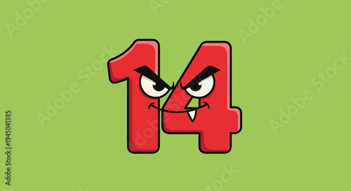 Cartoon Number 14 with Evil Expression on Green Background