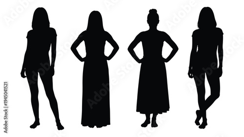 Four silhouettes of women in different poses and attire on white background