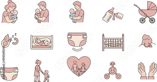 Parenting and baby care icon pack featuring mother father baby stroller bottle crib support heart minimal vector UI set design

