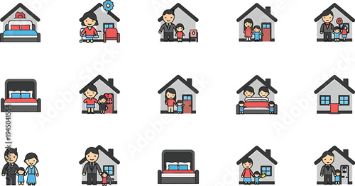 Flat family home lifestyle icon pack featuring house family dinner living room tv gardening protection smart home welcome symbols modern vector UI set
