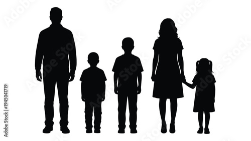 A silhouette of a family of five standing together, conveying unity, love, and togetherness, with a father, mother, and three children