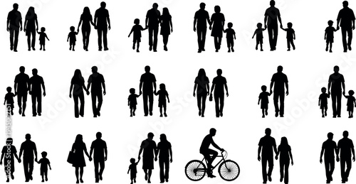 Family walking silhouette collection with parents and children holding hands vector illustration, lifestyle people icons isolated on light background for social and parenting design