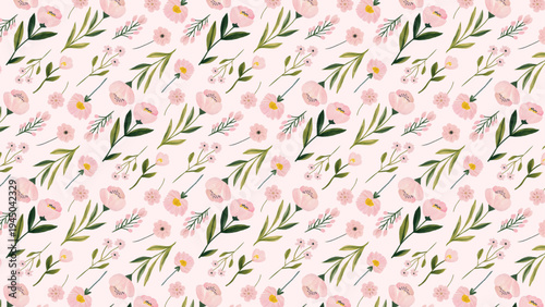 クラシックな印象のピンクの花を敷き詰めたパターン16:9背景	
