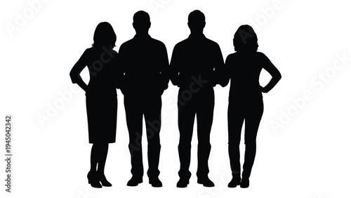 A group of four people standing together in a line, depicted in a simple black silhouette against a white background, conveying a sense of unity and solidarity