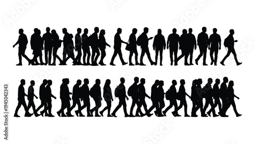 Crowd of people walking in two rows silhouette illustration for graphic design and visual representation of urban life and movement