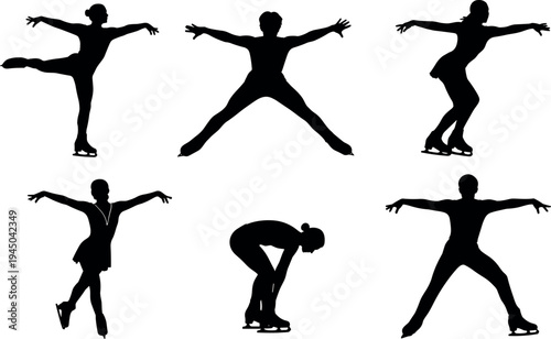 Figure skating silhouette collection with elegant ice dancer poses vector illustration, winter sport performance icons isolated on light background for competition and training design