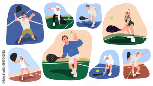 Flat vector illustration set of men and women playing padel on a court in different action scenes. Perfect for sports graphics, padel club promotion, fitness content, training materials, lifestyle 