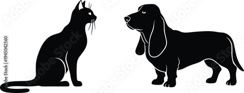 Cat and dachshund dog silhouettes facing each other domestic pets black vector illustration isolated animal logo icon design