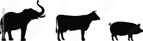 Elephant cow and pig silhouettes farm and wildlife animals black vector illustration set isolated for logo icon design