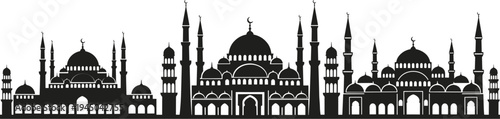 Black silhouette of Islamic mosque architecture with domes and minarets, crescent moon symbols, cultural heritage design representing religious tradition
