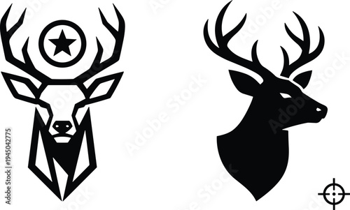 Deer head silhouettes with antlers hunting emblem wildlife animal logo black vector illustration isolated badge symbol design
