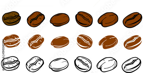 Coffee beans pattern. Doodle coffe seamless pattern. Each  bean displays rich brown tones and detailed texture. Simple design emphasizes natural coffee bean shapes and shadows