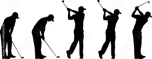 Golf player silhouette sequence with putting and swing action isolated on white background, sport activity set for tournament design, training concept and athletic lifestyle themes