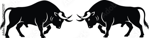 Fighting bull silhouettes facing each other strong aggressive cattle animal emblem logo tattoo design black vector illustration isolated