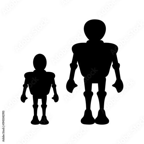 Two black robot silhouettes of different sizes standing on a plain white background Vector, illustration