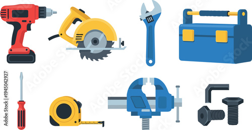 Hand and power tools vector collection including electric drill, circular saw, wrench, screwdriver, toolbox and measuring tape for construction, carpentry and repair work