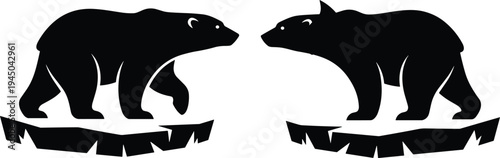 Polar bear silhouette pair standing on ice floe facing each other wildlife arctic animal logo emblem vector illustration design minimal
