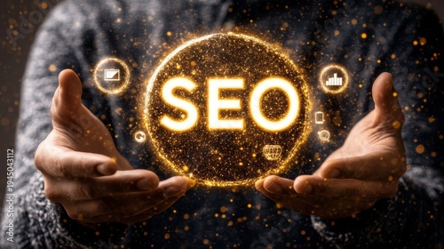 Search engine optimization expert demonstrates gold seo sign for digital marketing success.