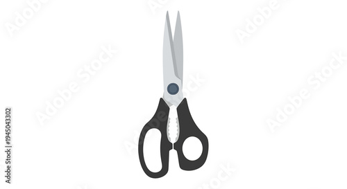 Vertical Silver-Bladed Scissors with Black Plastic Handles and Circular Blue Screw in Product Photography for Office Supplies and Kitchen Utensils