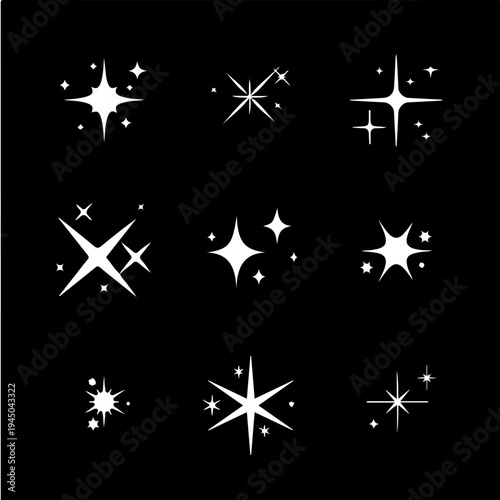 Magic Sparkles and Celestial Starburst Icons, Fairy Dust and Glowing Light Symbols