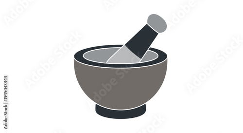 Flat Design Vector Illustration of Wooden Pestle and Mortar Utensils for Cooking with Clean Lines and Bold Colors in White Environment