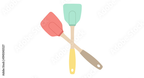 Colorful silicone spatulas with ergonomic handles for cooking utensils, crossed on white background in educational illustration style