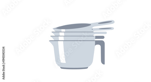Stack of Graduated Measuring Cups for Kitchen Use – Simple Illustration of Culinary Utensils in a Clean, Functional Design with Metallic Sheen and Light Blue-Gray Hues
