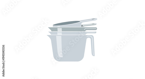 Stack Of Four Shiny Plastic Metal Measuring Cups With Lids Neatly Arranged For Baking Cooking Illustration In Clean Kitchen Context