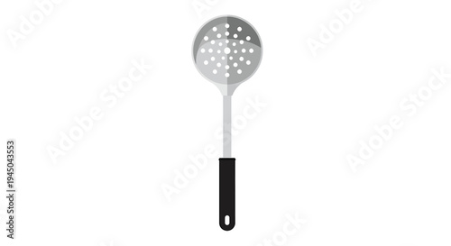 Modern kitchen slotted spoon utensil in silver metal with black grip handle and round bowl design for efficient liquid draining in functional food preparation setting.