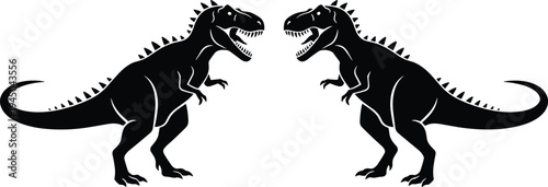 Tyrannosaurus rex dinosaur silhouettes facing each other prehistoric predator reptile black vector illustration isolated emblem logo designWeb