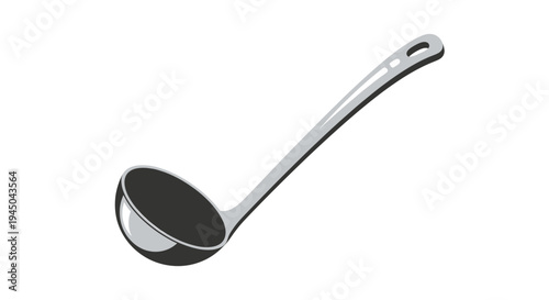 Close-Up Product Photo Of Silver Ladle In Reflective Design With Handle Hole, Utensil For Cooking On Clean Background Highlighting Metallic Detail
