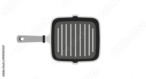 Illustration of a square cooking pan with a grill surface, curved corners, short handle, and silver design, ideal for kitchen use as a utensil with a hanging indentation and black frame