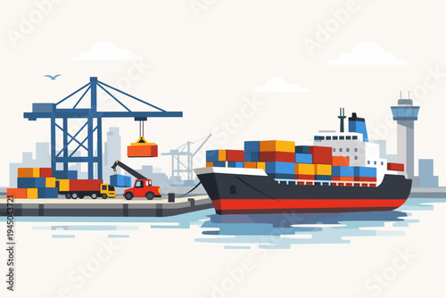 Commercial cargo ship docked at a busy port for loading and unloading colorful shipping containers with a large gantry crane, transport trucks, and city skyline in a flat vector illustration.