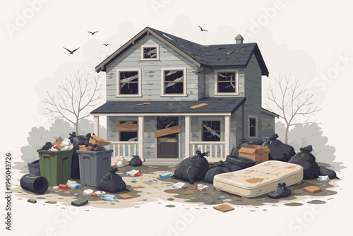 Abandoned dilapidated house with broken windows and boarded doors surrounded by piles of garbage bags, trash cans and a discarded mattress in a neglected yard, flat vector illustration of urban decay