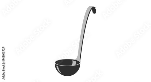 Elegant Deep Black Cooking Ladle Silhouette With Silver Handle In Clean Space, Product Illustration For Catalog Or Online Store