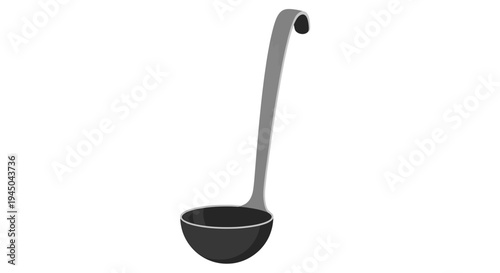 Illustration of a Cooking Utensil Ladle with Curved Handle and Detailed Bowl in Gray Tones on White Background, Product Graphic Design Element