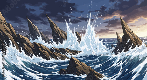 Dramatic Ocean Waves Crashing Against Rocks