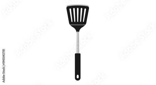 Illustration of Modern Slotted Spatula with Black Plastic Head, Silver Metal Shaft, and Ergonomic Handle for Cooking Utensil Catalog Display