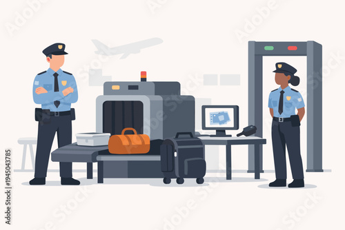 Professional airport security officers standing at a checkpoint with X-ray baggage scanner, metal detector, and luggage. Flat vector illustration of customs control, safety screening, and travel.