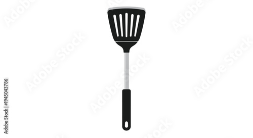 Vertical View of a Black Plastic Slotted Cooking Spatula with Metal Shaft and Tapered Design for Commercial Product Photography