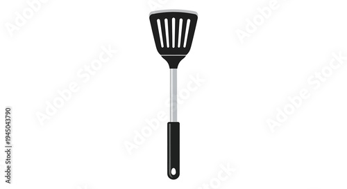 Vertical Spatula Illustration with Black Plastic Head, Five Parallel Slits, and Rounded Handle for Cooking Utensils