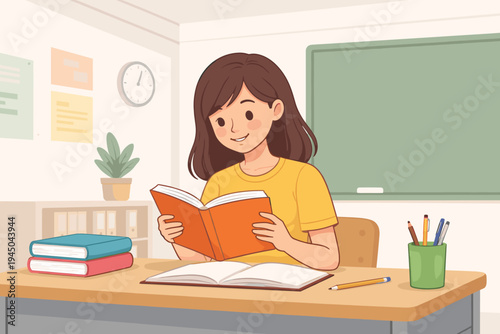 Female Student Reading a Book in a Classroom Setting, Simple Flat Vector Illustration of a Young Girl Studying at Her Desk with School Supplies, Chalkboard, and Books for Education Concept.