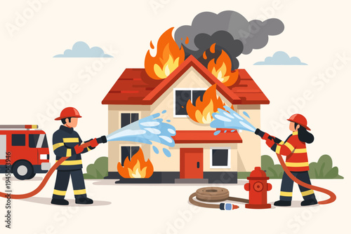 Firefighters Extinguishing a House Fire with Water Hoses in Flat Vector Illustration Style, Brave Firemen and Firewomen Rescuing a Burning Home with Fire Truck and Hydrant, Emergency Scene.