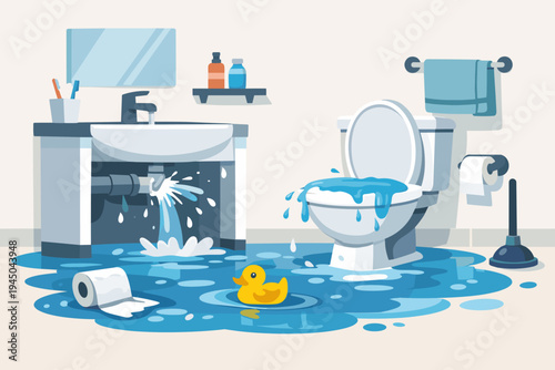 Flat vector illustration of a flooded bathroom with a broken pipe leaking under the sink and an overflowing toilet, water covering the floor with a floating rubber duck and wet toilet paper roll.