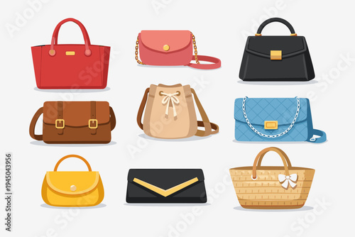 Collection of Women's Fashion Handbags and Purses in Various Styles and Colors, Flat Vector Illustration of Accessories Including Tote, Clutch, Crossbody, Bucket Bag, and Messenger Bag.
