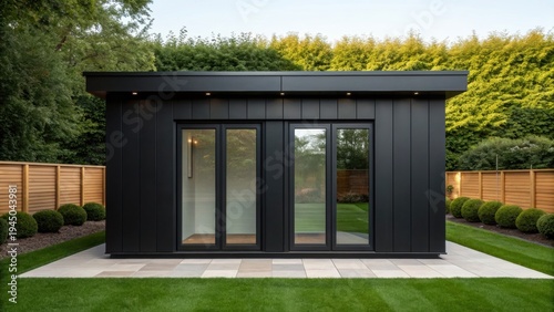 adu small home Modern black garden office pod with glass doors in a neatly landscaped backyard with wooden fencing.