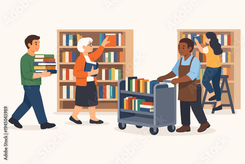 Diverse librarians and staff organizing books in a library or bookstore. People shelving, carrying stacks, and using a cart. Flat vector illustration of educational workspace and teamwork.