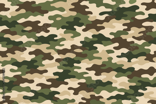 Seamless Military Camouflage Pattern Vector Illustration, Woodland Army Camo Texture for Textile, Fabric, Uniform, and Tactical Gear, Green Brown Tan Tileable Background for Hunting and Outdoor Gear.